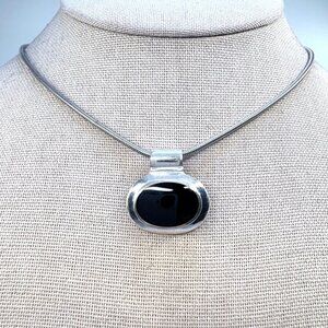 VTG Sterling Silver 925 Black Onyx Oval Pendant Necklace Size 16" Length